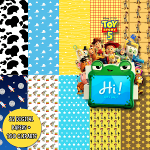 Toy Story Digital Paper & Clipart Bundle | 32 Digital Papers + 160 Cliparts | Canva Bonus Templates